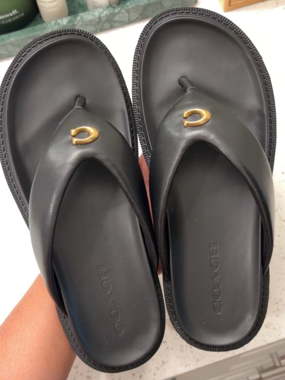 Coach Black Leather Thong Sandals with Gold 'C' Accent